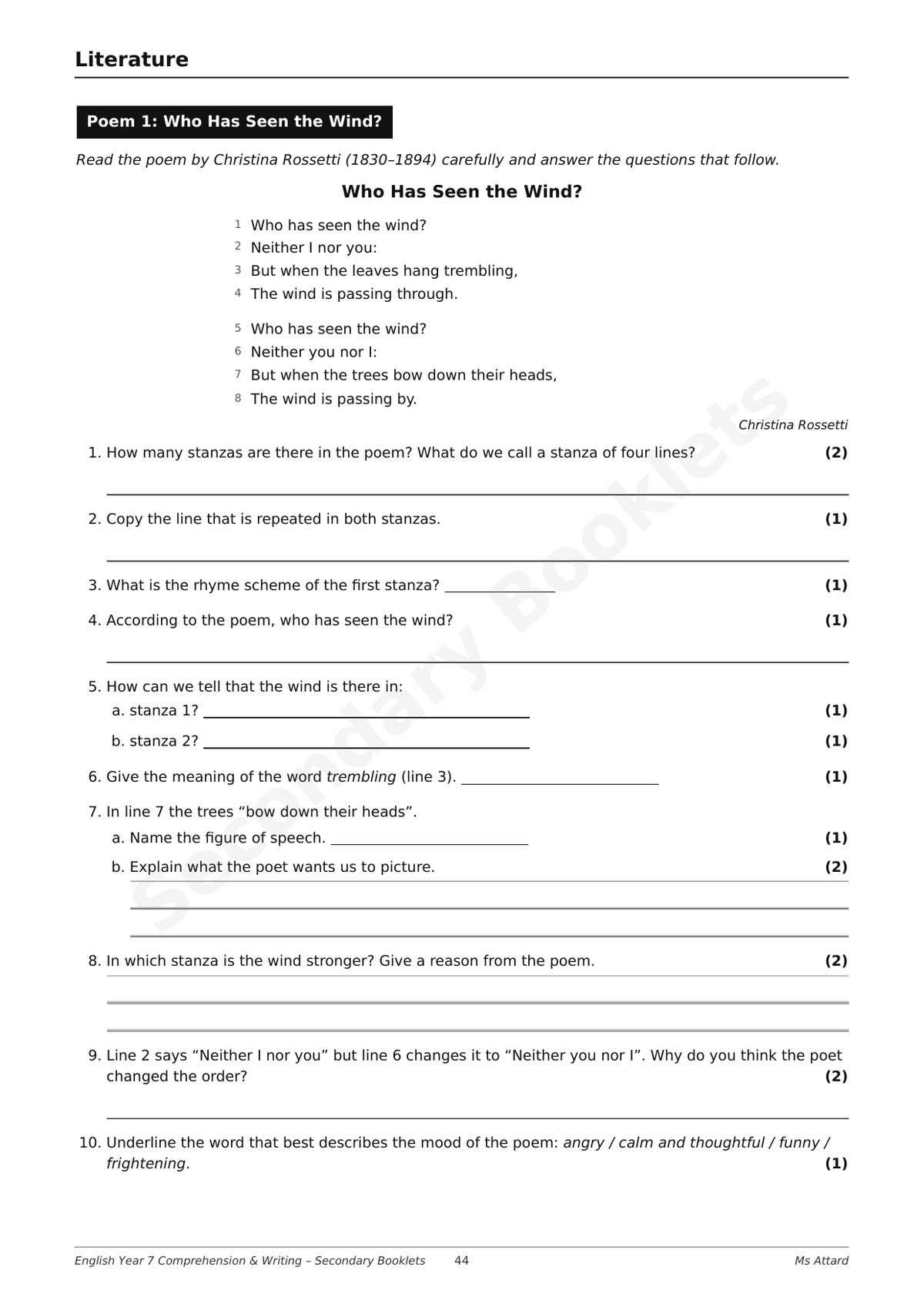 English Revision Booklet | Year 7