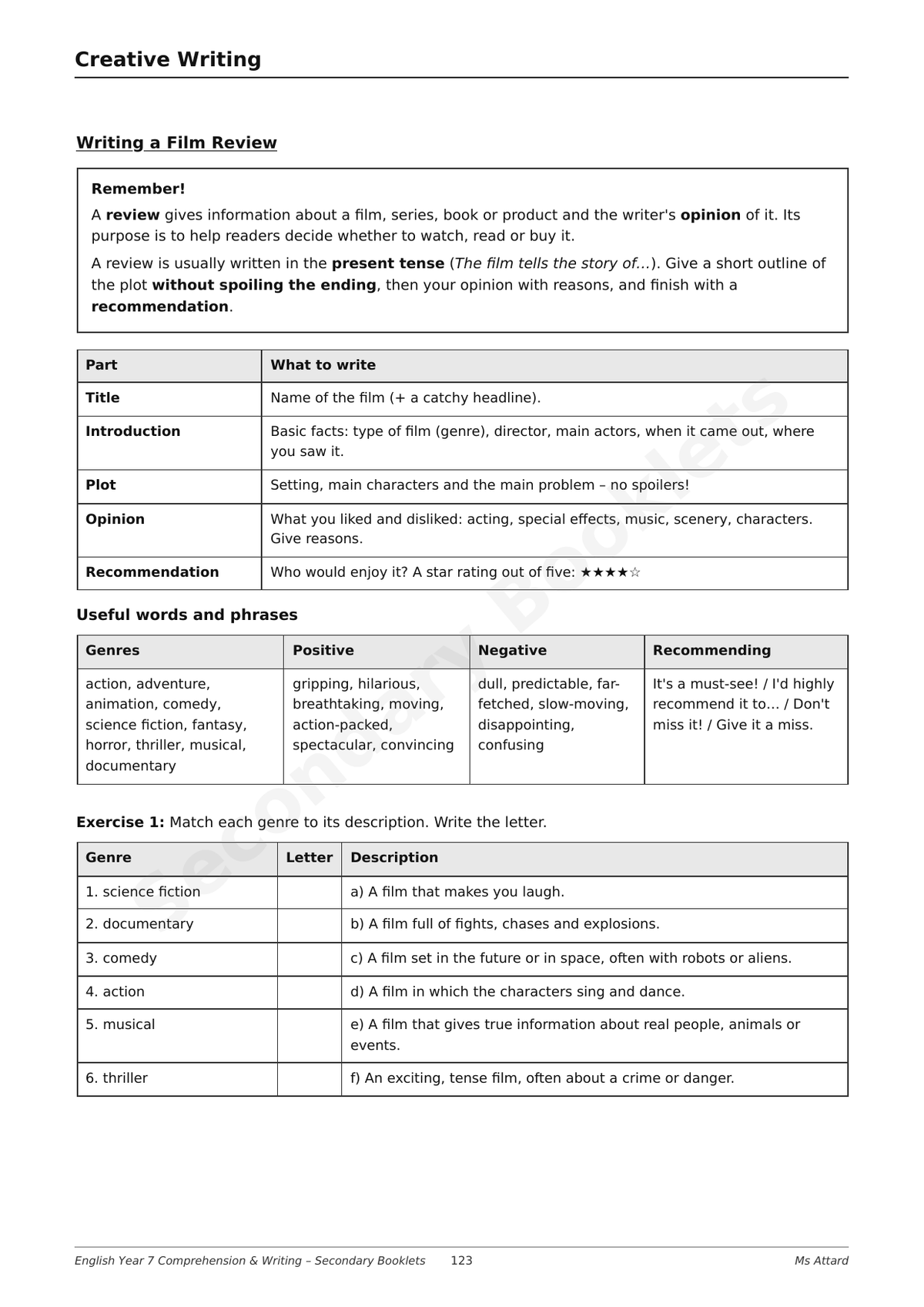 English Revision Booklet | Year 7