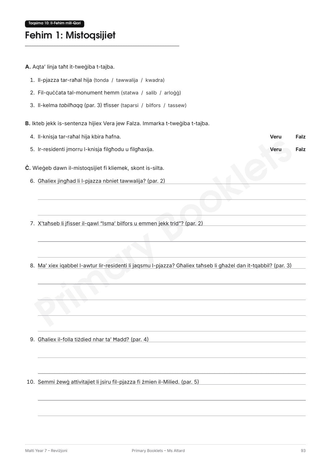 Maltese Revision Booklet | Year 7