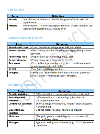Genetics Definition Sheet O'Level