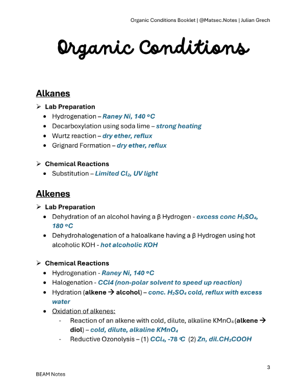 Organic Conditions Booklet | Chemistry A'Level