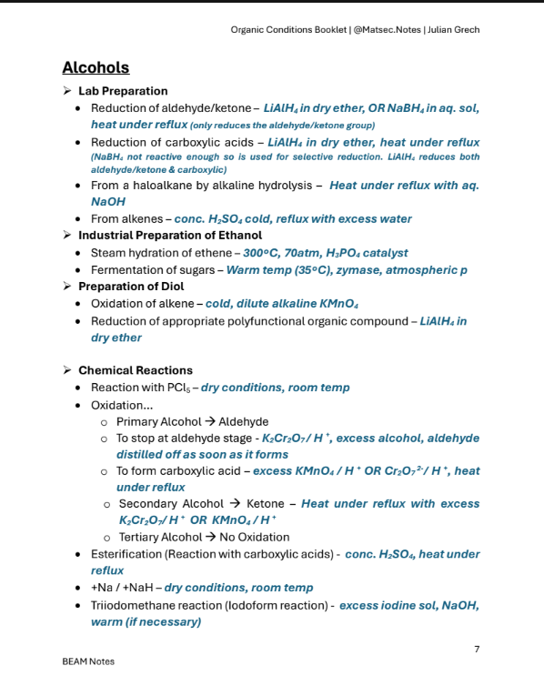 Organic Conditions Booklet | Chemistry A'Level