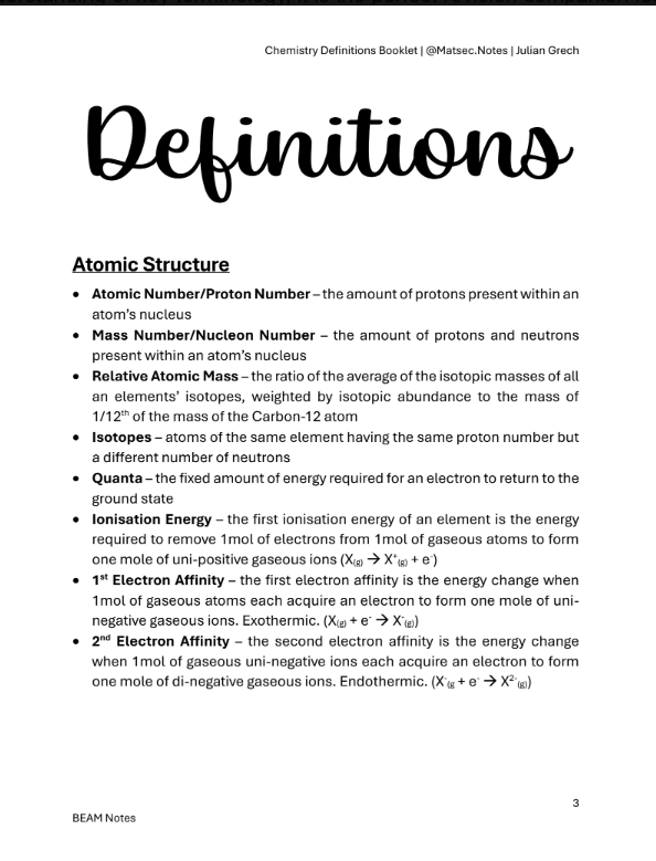 Definitions Booklet | Chemistry A'Level