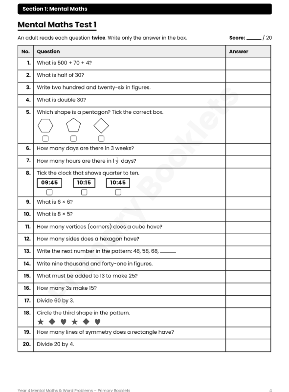 Maths Mental Paper and Word Problems Booklet | Year 4