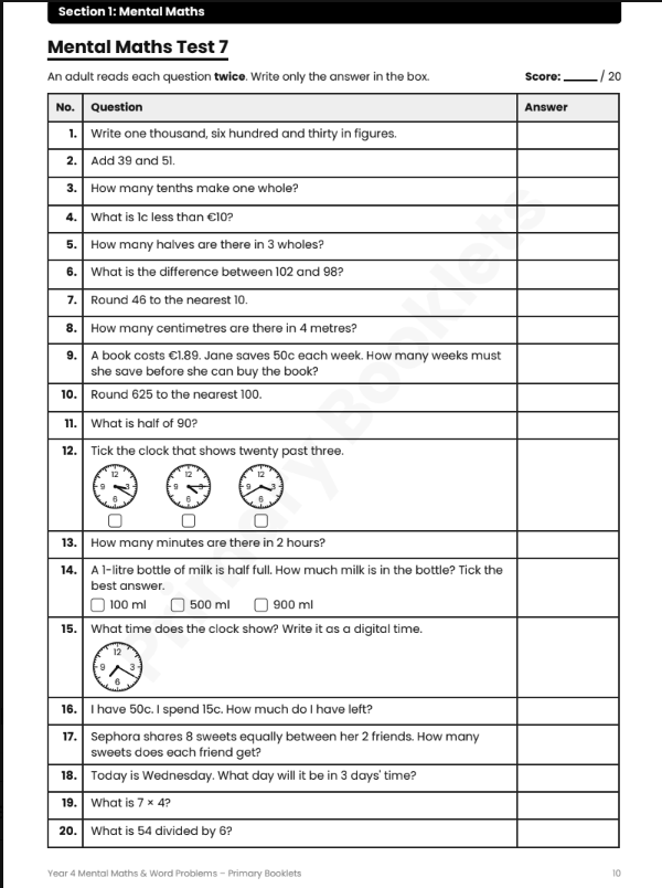 Maths Mental Paper and Word Problems Booklet | Year 4