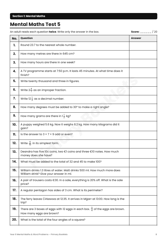 Maths Mental Paper and Word Problems Booklet | Year 6
