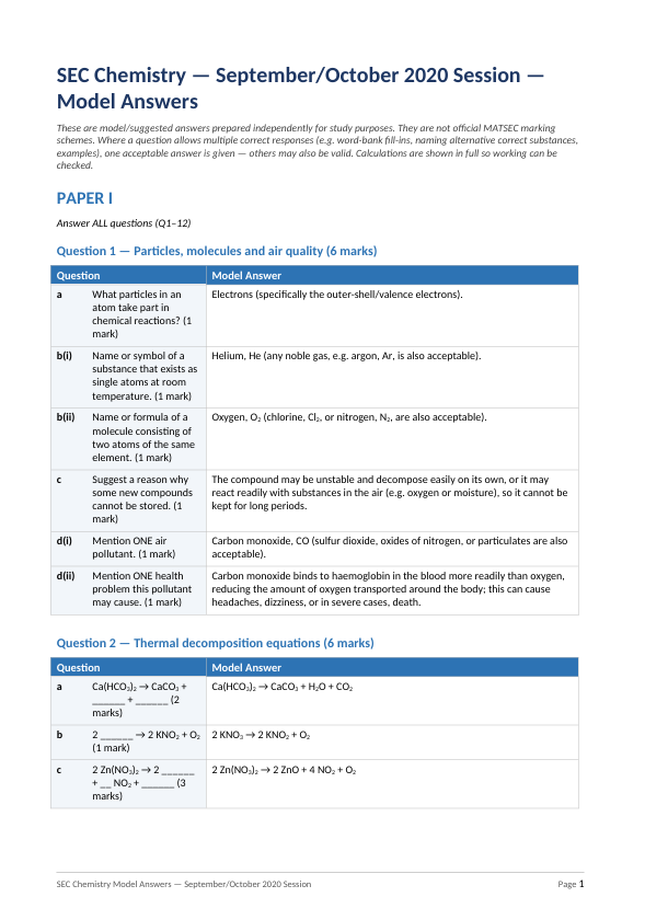 Chemistry O'Level Model Answers | September 2020 - September 2026