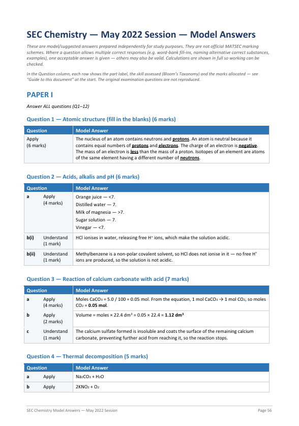 Chemistry O'Level Model Answers | September 2020 - September 2026
