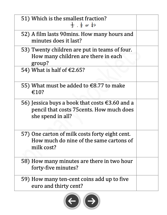 Maths Mental Paper Booklet