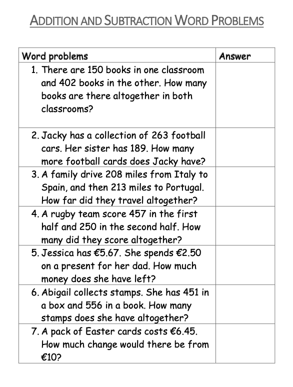 Maths Word Problems year 4-6
