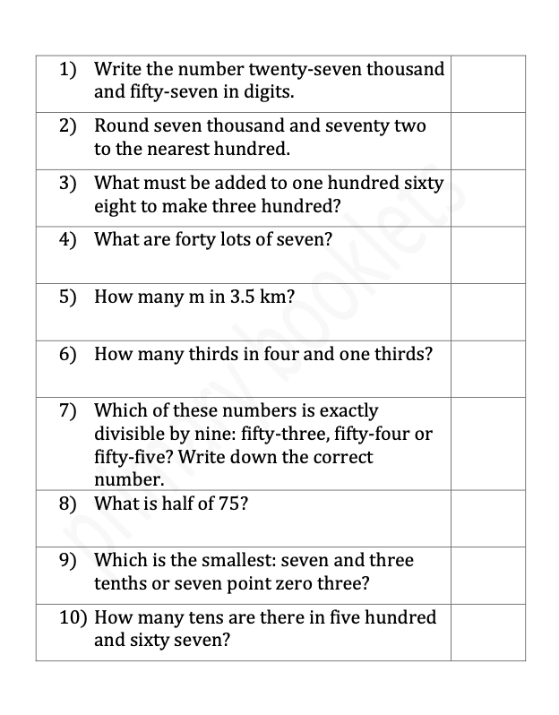 Maths Mental Paper Booklet year 6