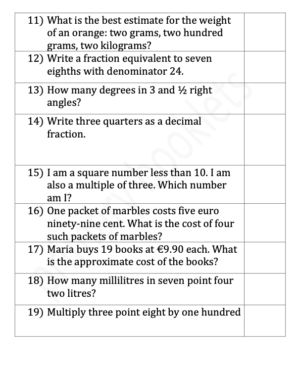 Maths Mental Paper Booklet year 6