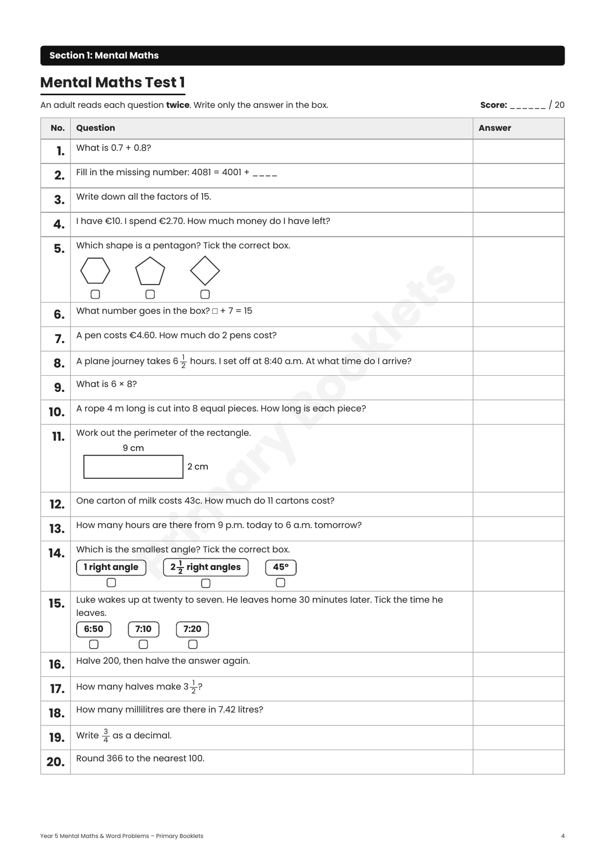 Maths Mental Paper Booklet | Year 5