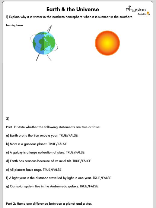 Earth and the Universe Worksheet